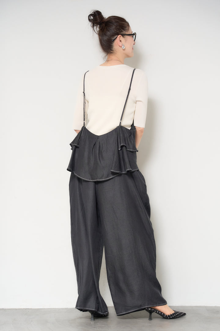 [SET]サラっと細リブニット+デニムフリルサロペット(2set)