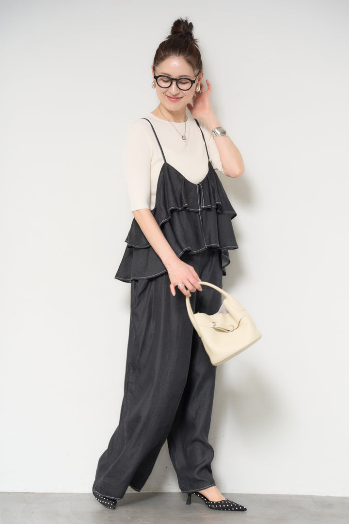 [SET]サラっと細リブニット+デニムフリルサロペット(2set)