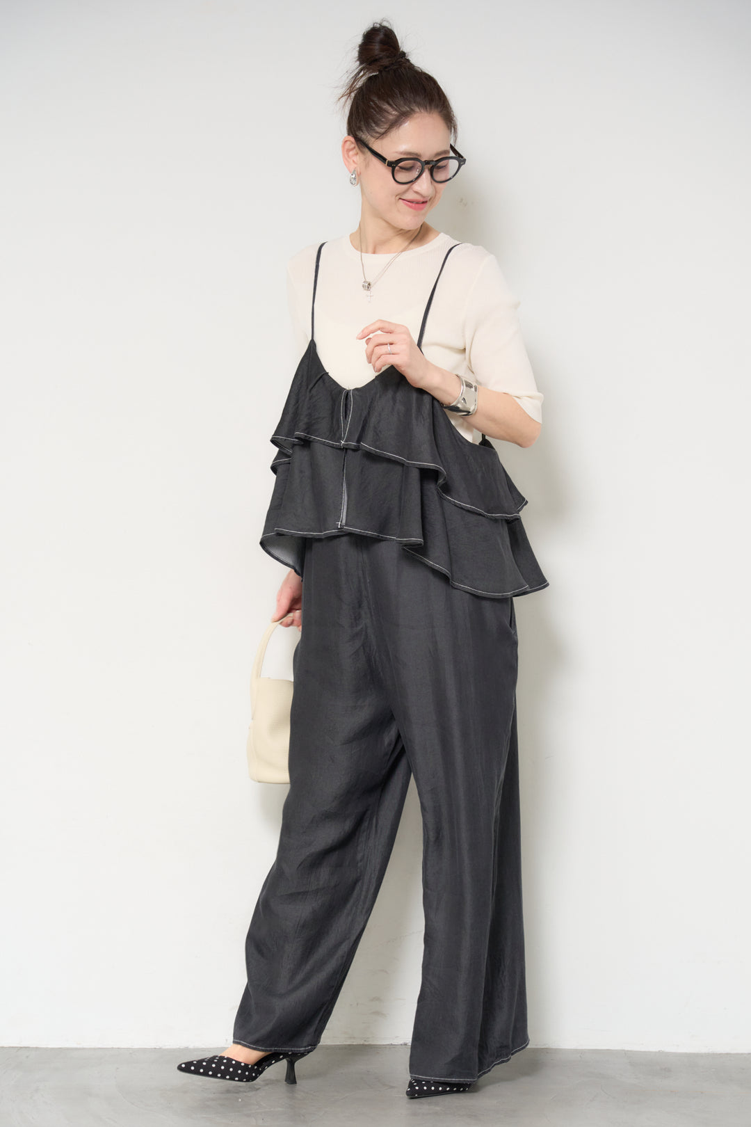 [SET]サラっと細リブニット+デニムフリルサロペット(2set)