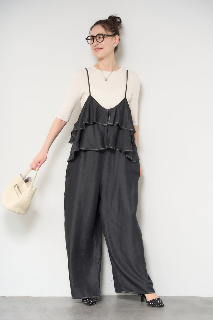 [SET]サラっと細リブニット+デニムフリルサロペット(2set)