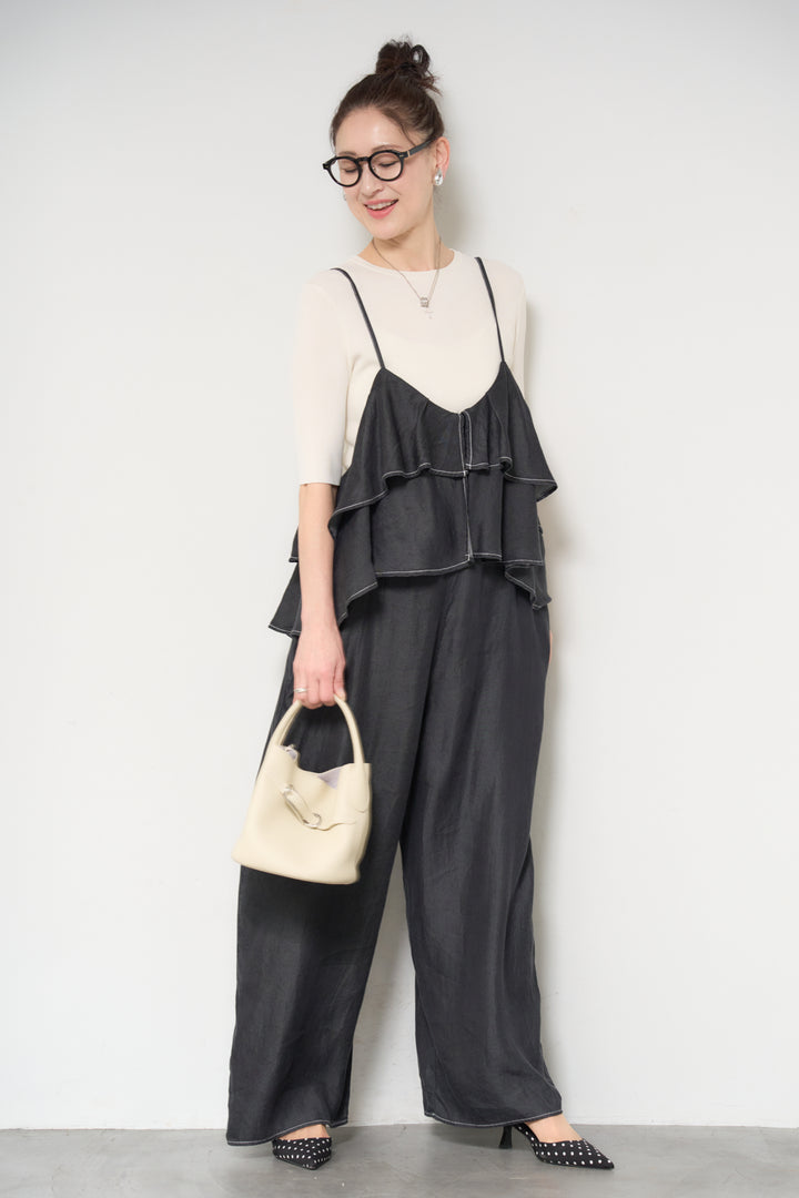 [SET]サラっと細リブニット+デニムフリルサロペット(2set)