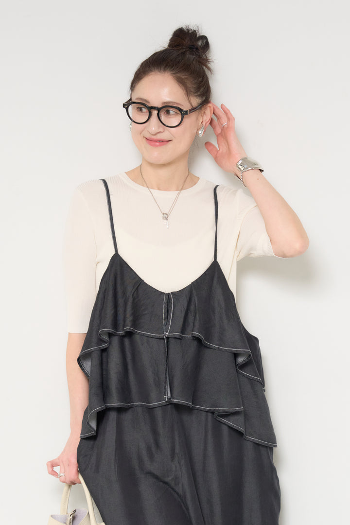 [SET]サラっと細リブニット+デニムフリルサロペット(2set)