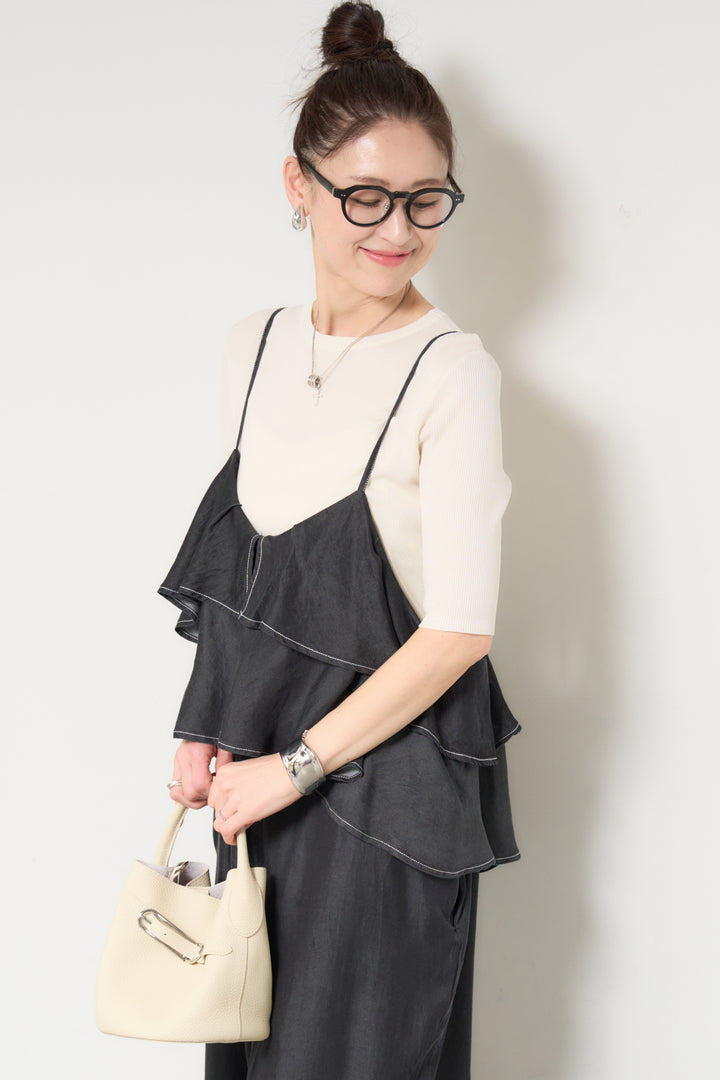 [SET]サラっと細リブニット+デニムフリルサロペット(2set)