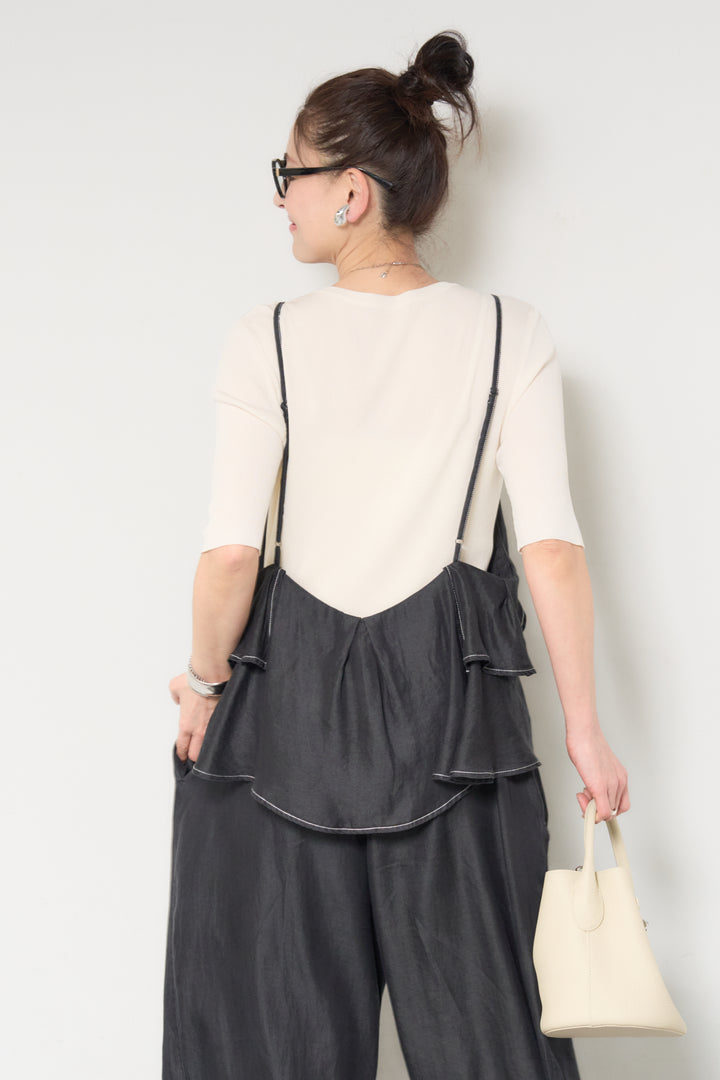 [SET]サラっと細リブニット+デニムフリルサロペット(2set)