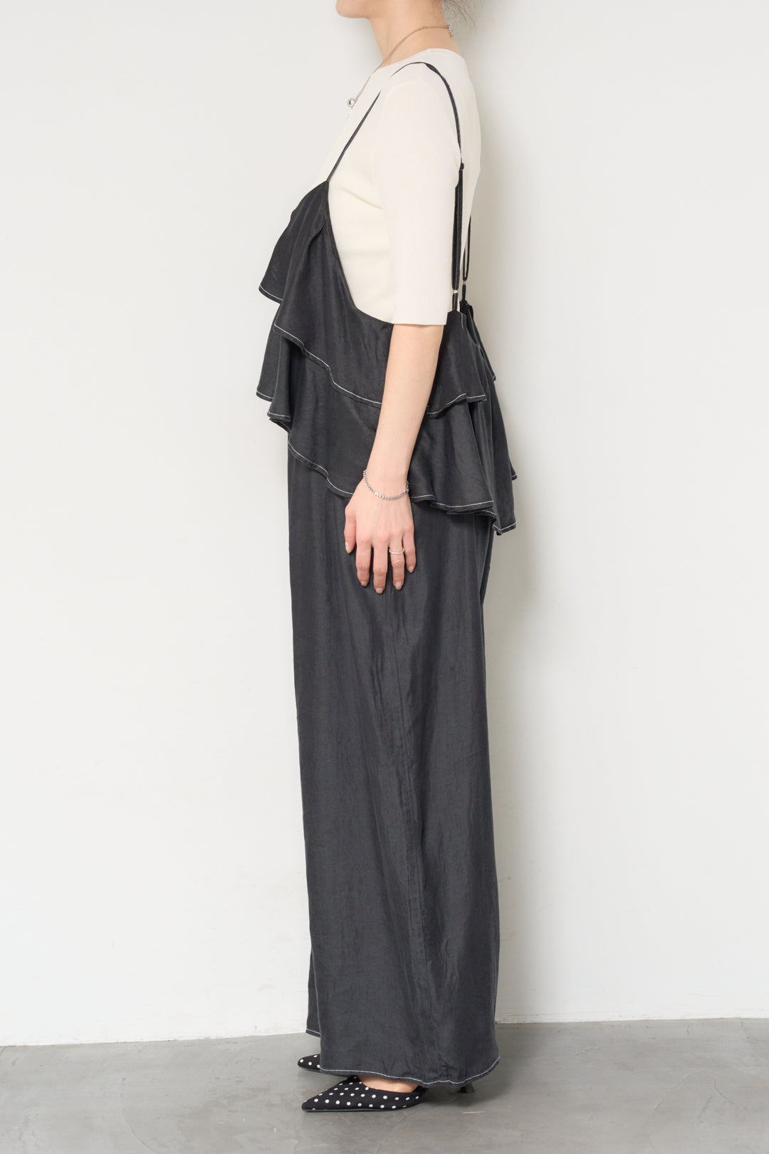 [SET]サラっと細リブニット+デニムフリルサロペット(2set)