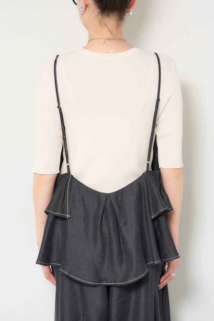 [SET]サラっと細リブニット+デニムフリルサロペット(2set)