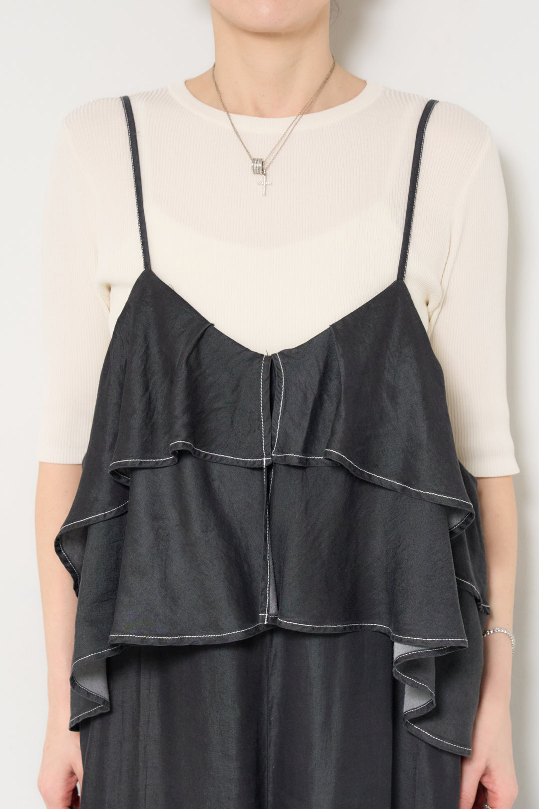 [SET]サラっと細リブニット+デニムフリルサロペット(2set)