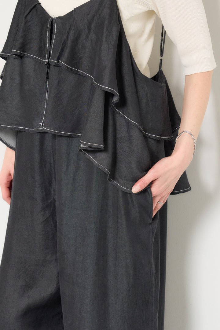 [SET]サラっと細リブニット+デニムフリルサロペット(2set)