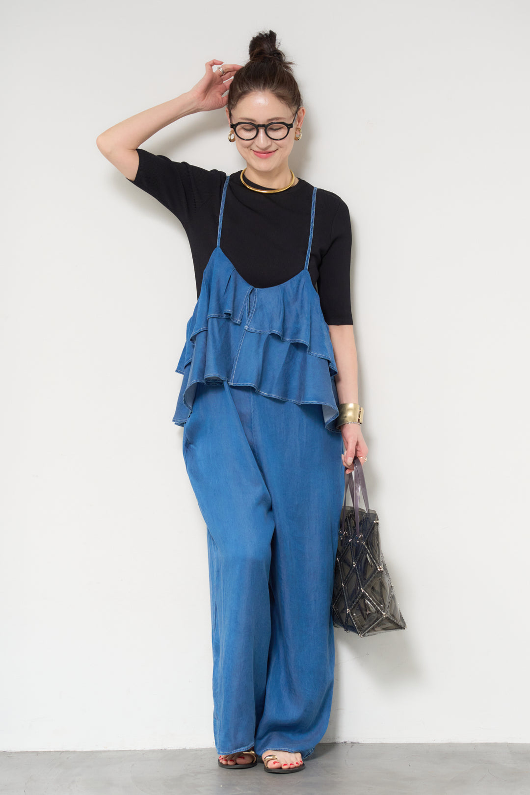 [SET]サラっと細リブニット+デニムフリルサロペット(2set)