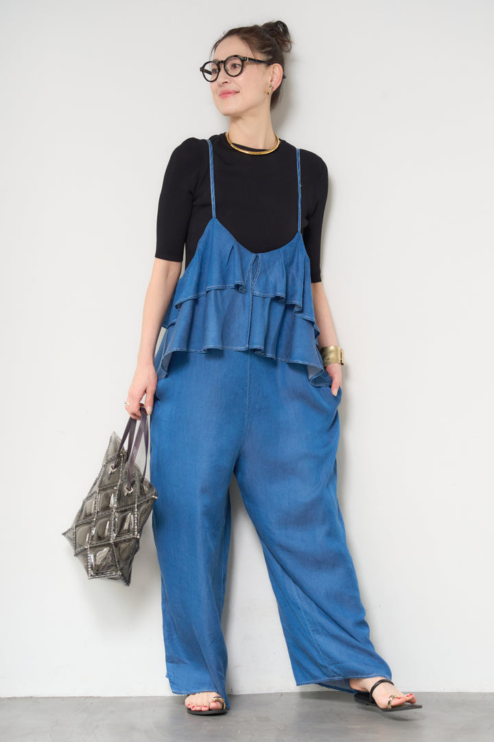 [SET]サラっと細リブニット+デニムフリルサロペット(2set)