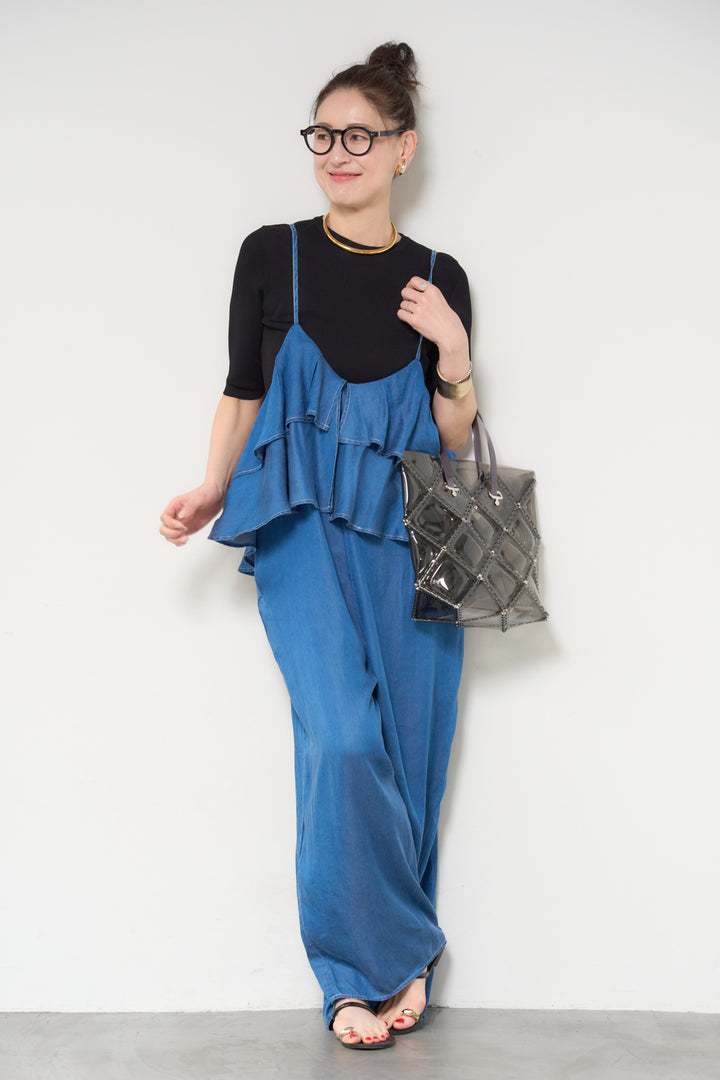 [SET]サラっと細リブニット+デニムフリルサロペット(2set)