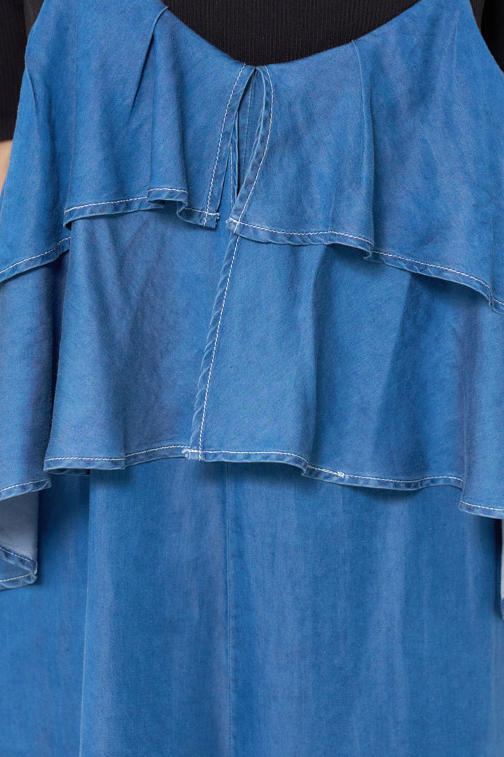 [SET]サラっと細リブニット+デニムフリルサロペット(2set)