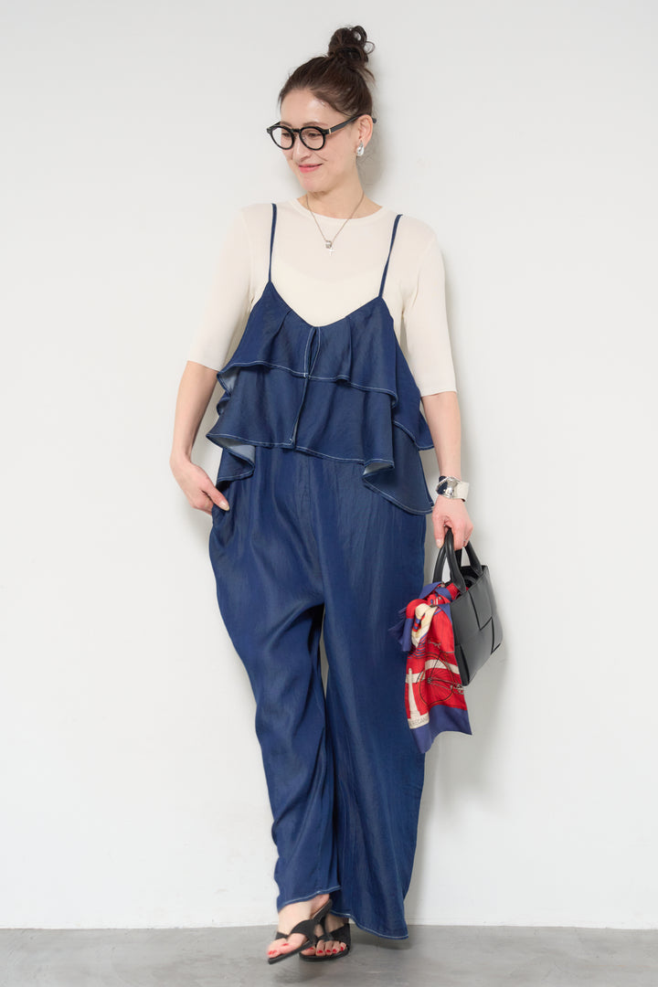 [SET]サラっと細リブニット+デニムフリルサロペット(2set)