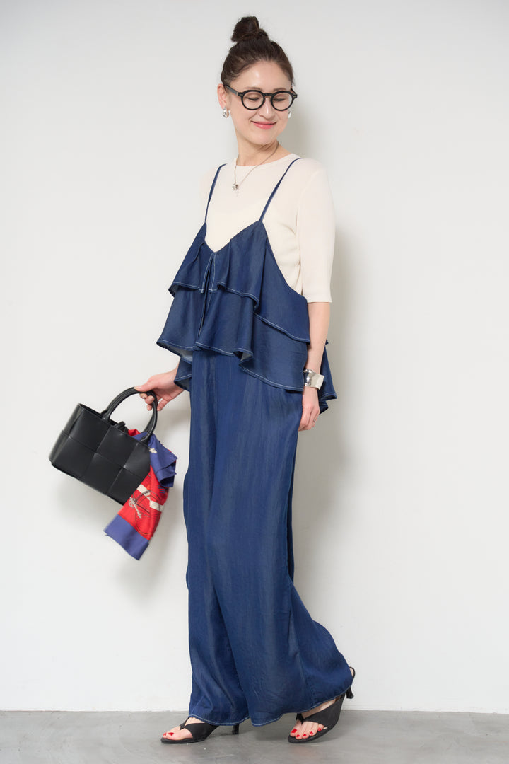 [SET]サラっと細リブニット+デニムフリルサロペット(2set)