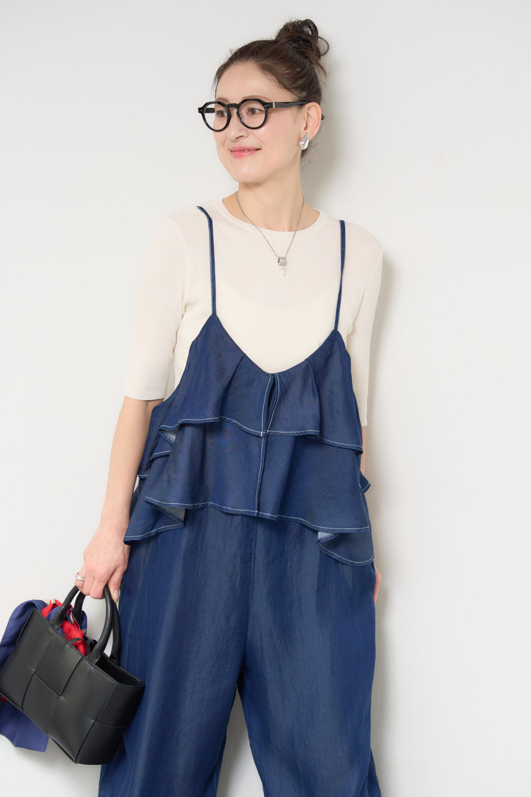 [SET]サラっと細リブニット+デニムフリルサロペット(2set)