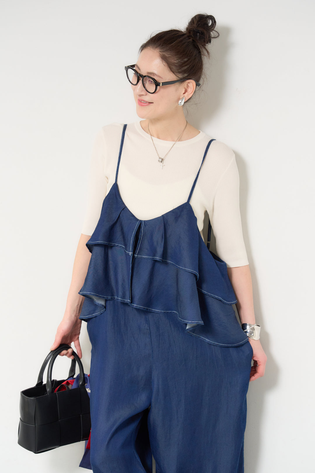 [SET]サラっと細リブニット+デニムフリルサロペット(2set)