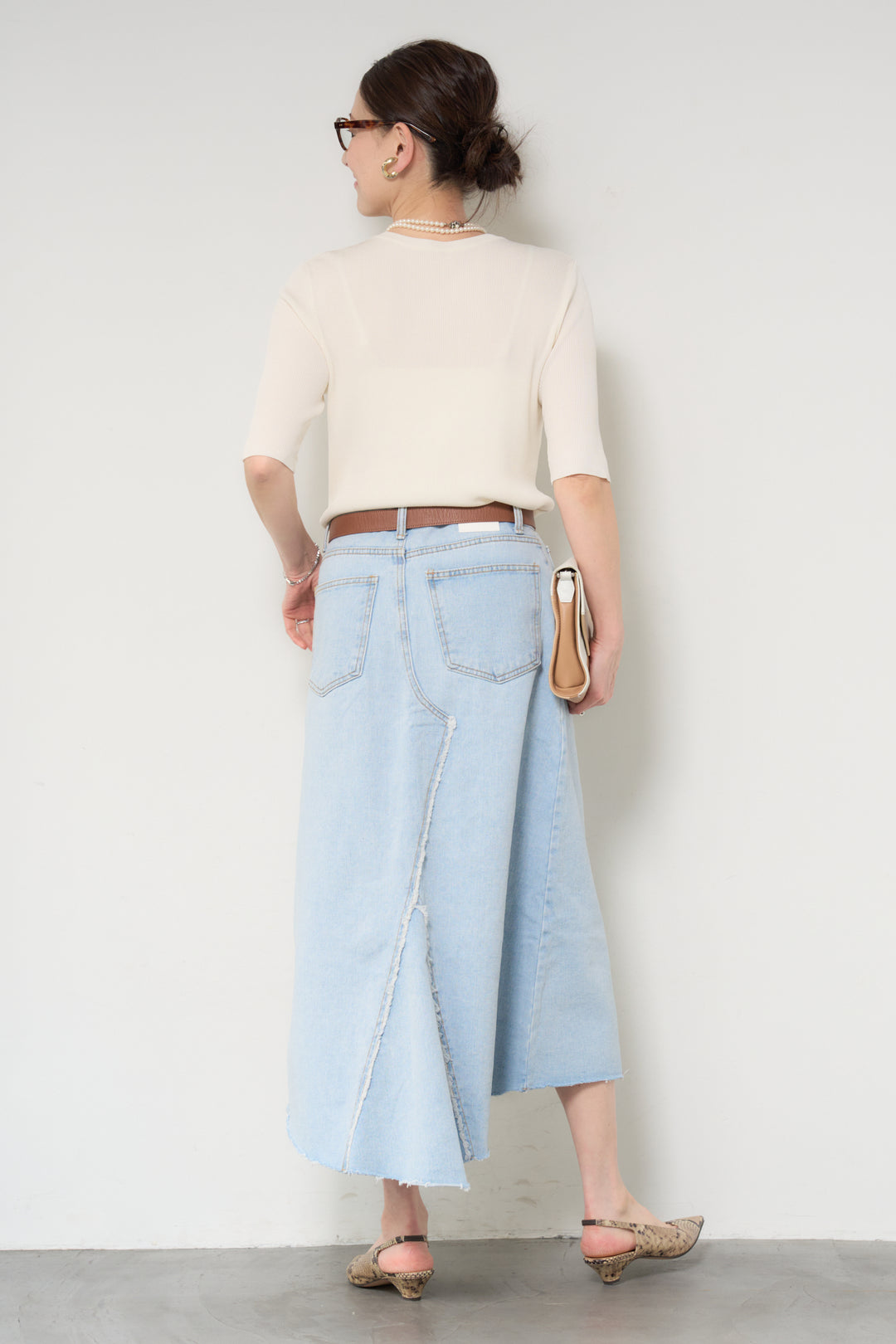 [SET]サラっと細リブニット+フリンジヘムデニムロングスカート(2set)