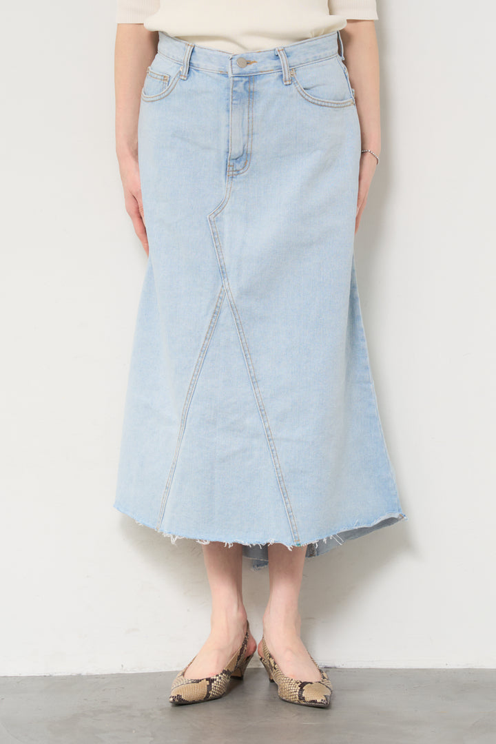 [SET]サラっと細リブニット+フリンジヘムデニムロングスカート(2set)