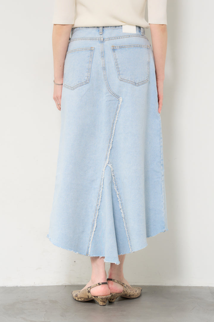 [SET]サラっと細リブニット+フリンジヘムデニムロングスカート(2set)