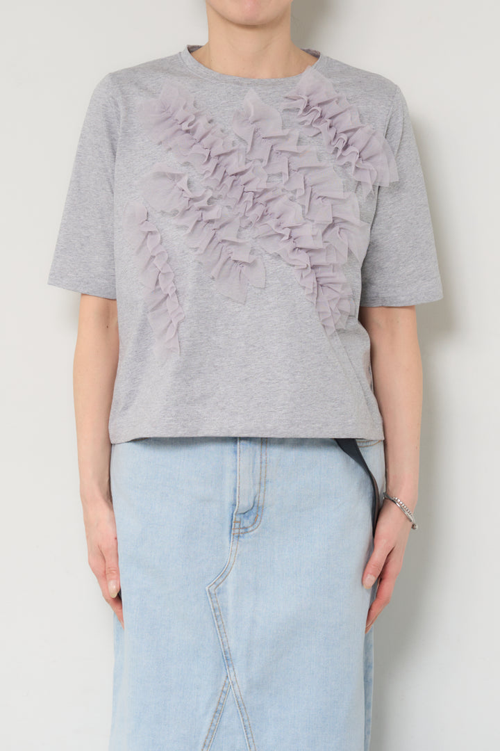 [SET]チュールフリルプルオーバー+フリンジヘムデニムロングスカート(2set)