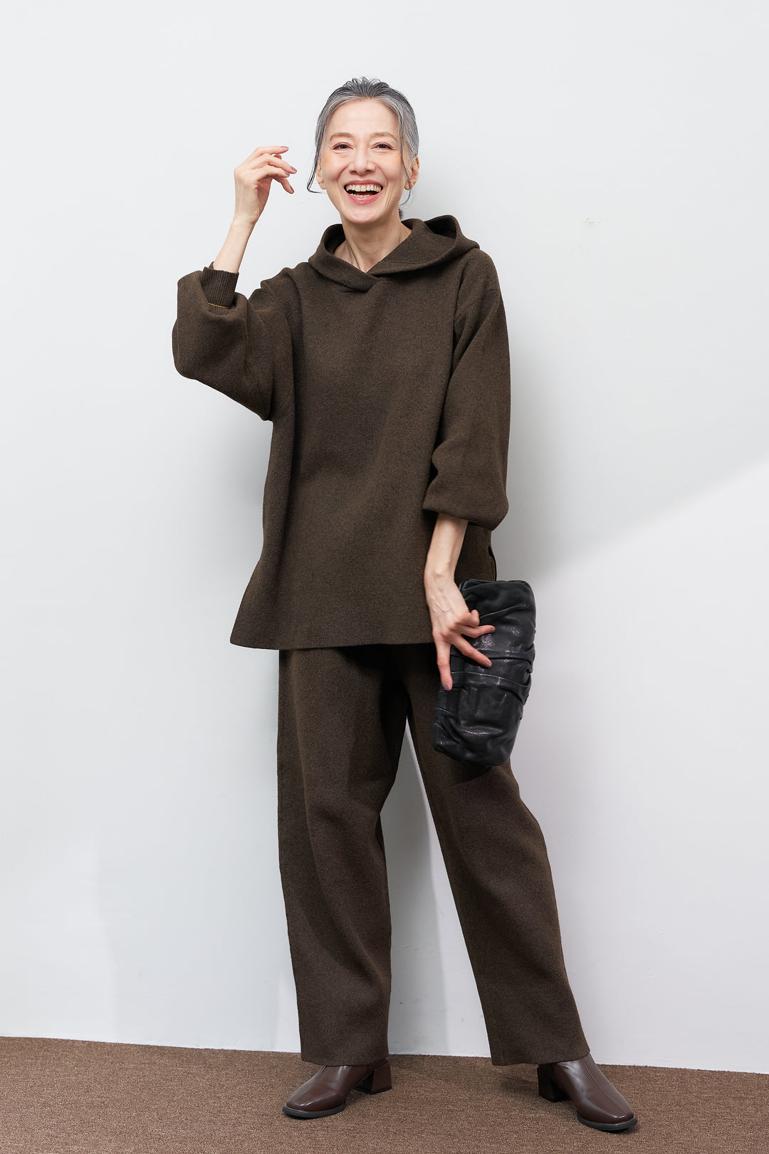 [SET]杢ニットフードプルオーバー+杢ニットテーパードパンツ(2set)