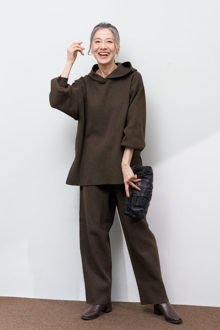 [SET]杢ニットフードプルオーバー+杢ニットテーパードパンツ(2set)