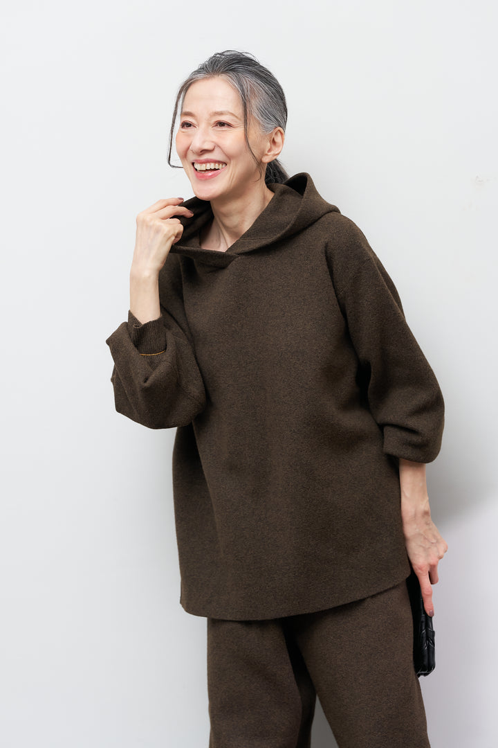 [SET]杢ニットフードプルオーバー+杢ニットテーパードパンツ(2set)