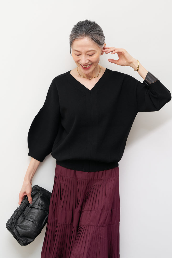 【防静電気】前後2WAYやわもちパフスリーブニット