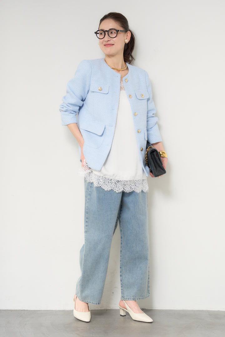 [SET]ミディ丈ツイードジャケット+サイドスリットレースキャミソール(2set)