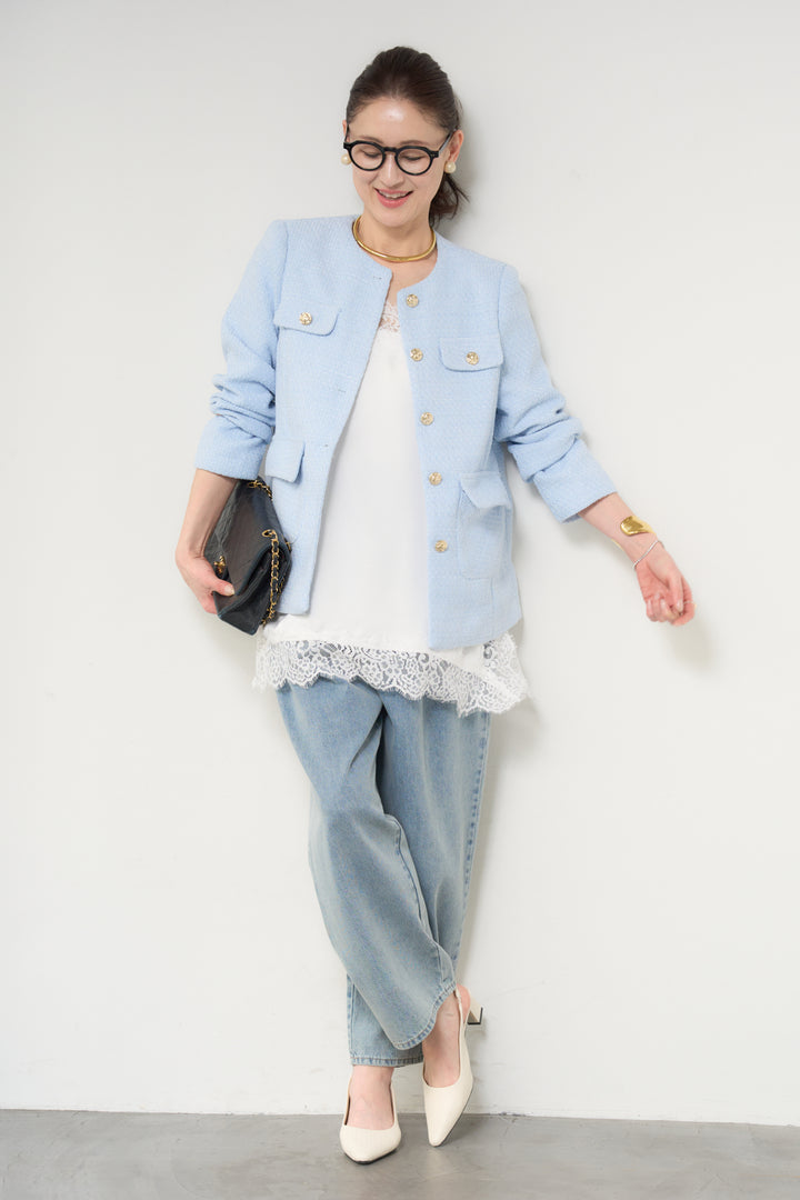 [SET]ミディ丈ツイードジャケット+サイドスリットレースキャミソール(2set)