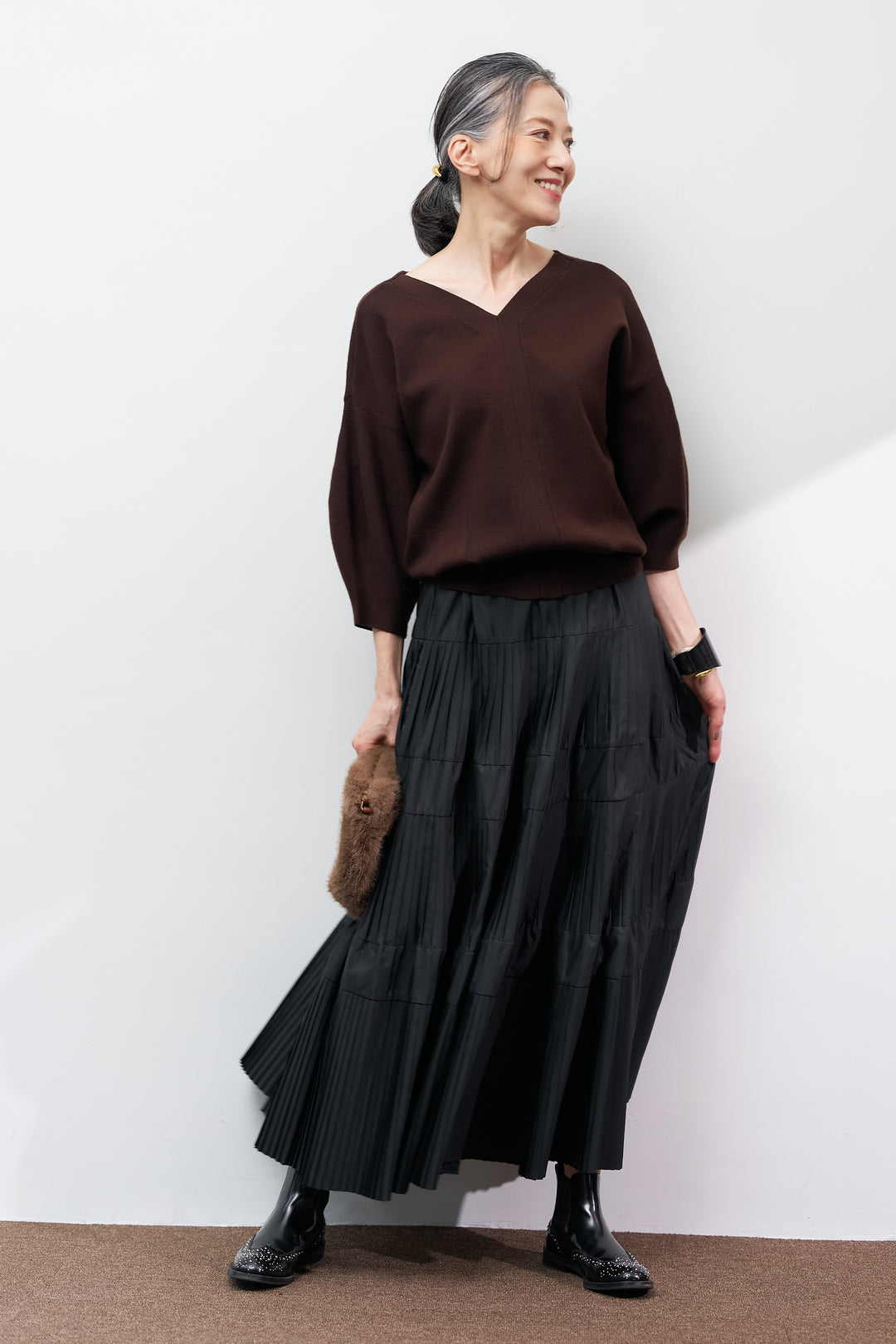 【防静電気】前後2WAYやわもちパフスリーブニット