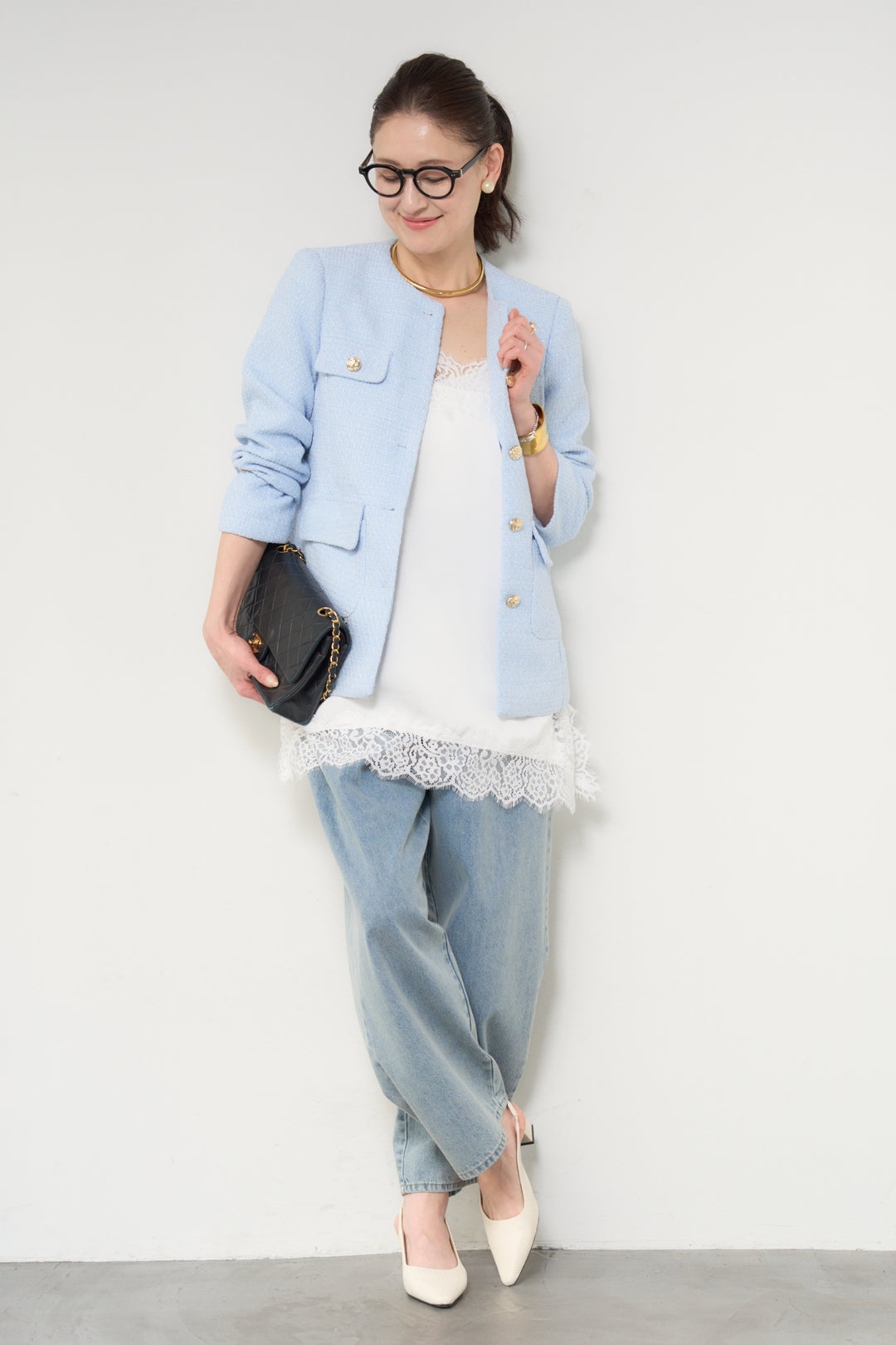 [SET]ミディ丈ツイードジャケット+サイドスリットレースキャミソール(2set)