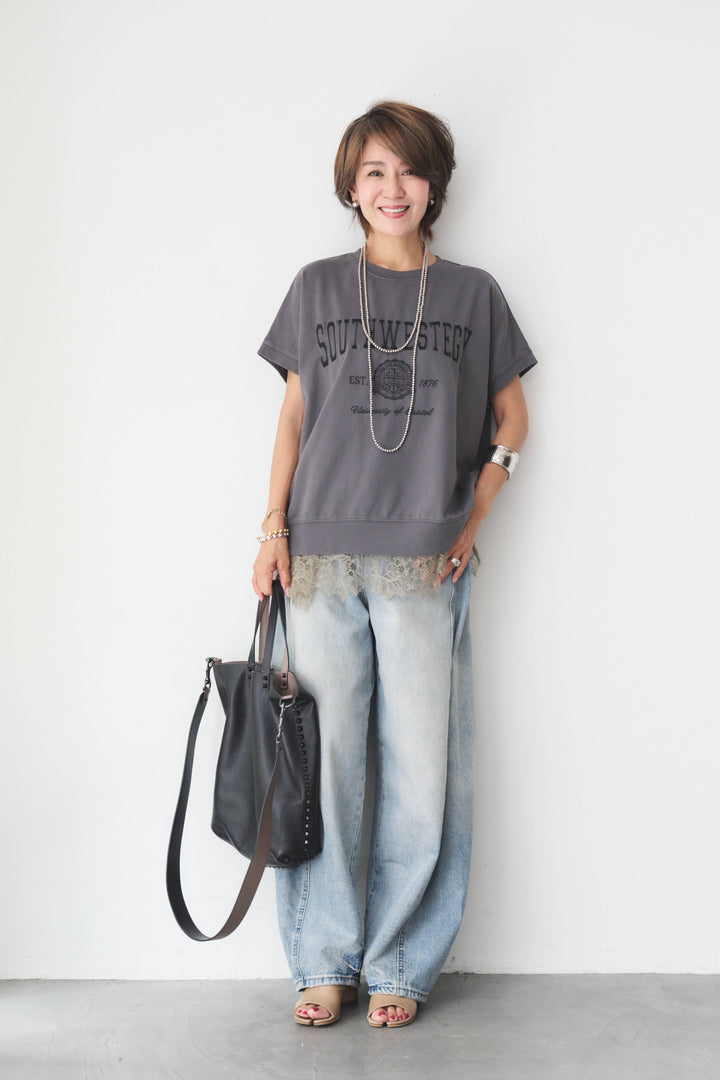 カレッジ刺繍ピグメントスウェットTシャツ