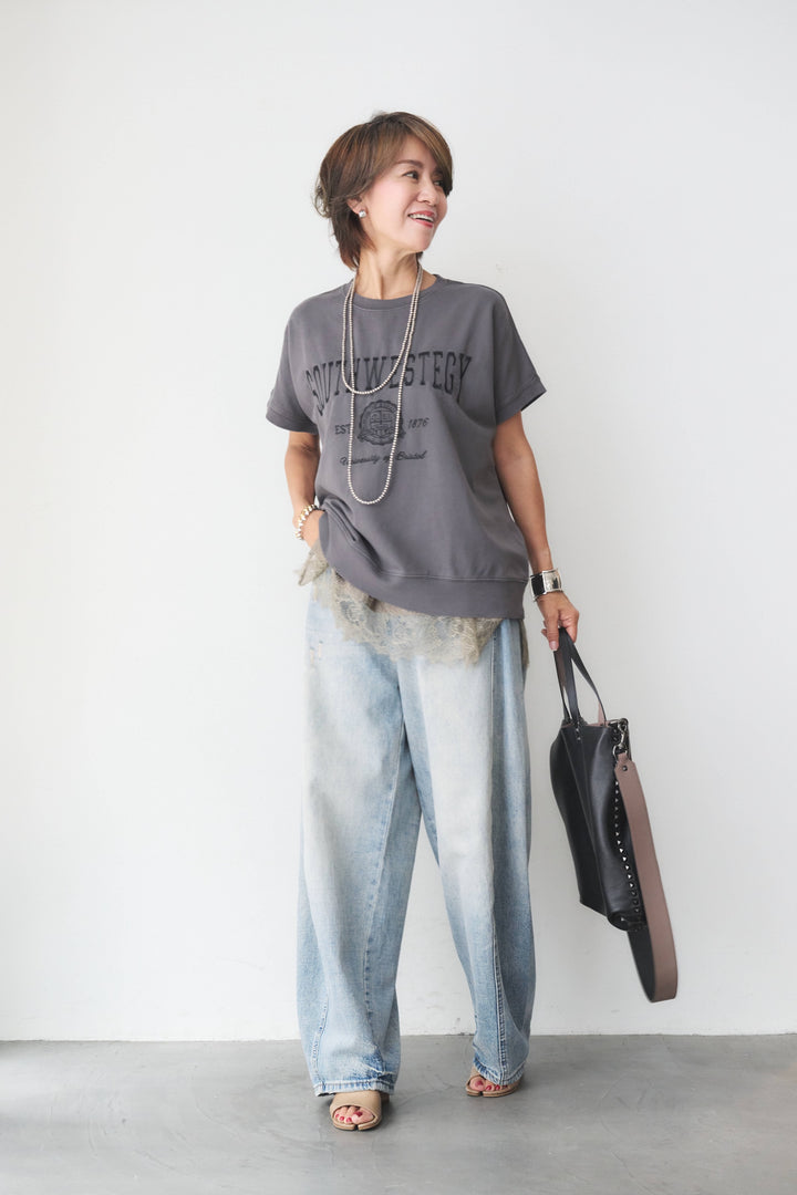 [SET]カレッジ刺繍ピグメントスウェットTシャツ+レーストリム サテンキャミソール(2set)
