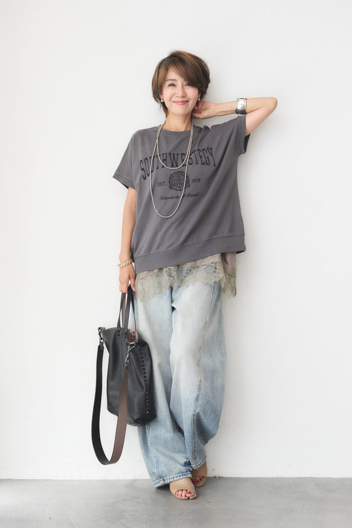 [SET]カレッジ刺繍ピグメントスウェットTシャツ+レーストリム サテンキャミソール(2set)