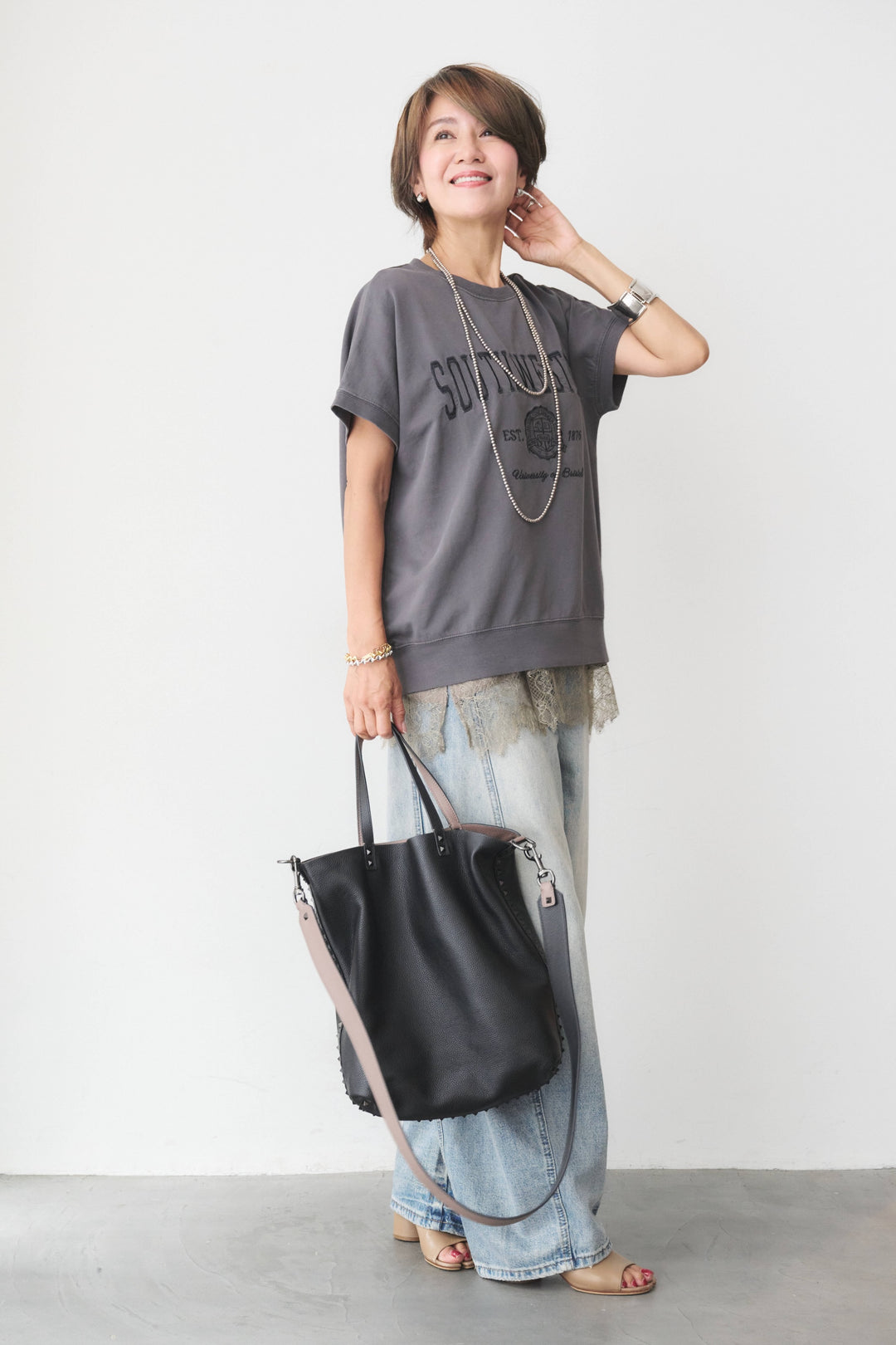[SET]カレッジ刺繍ピグメントスウェットTシャツ+ダメージコクーンパンツ(2set)