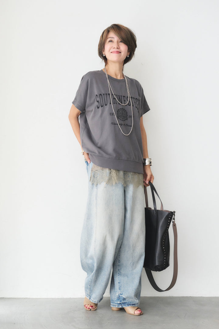カレッジ刺繍ピグメントスウェットTシャツ