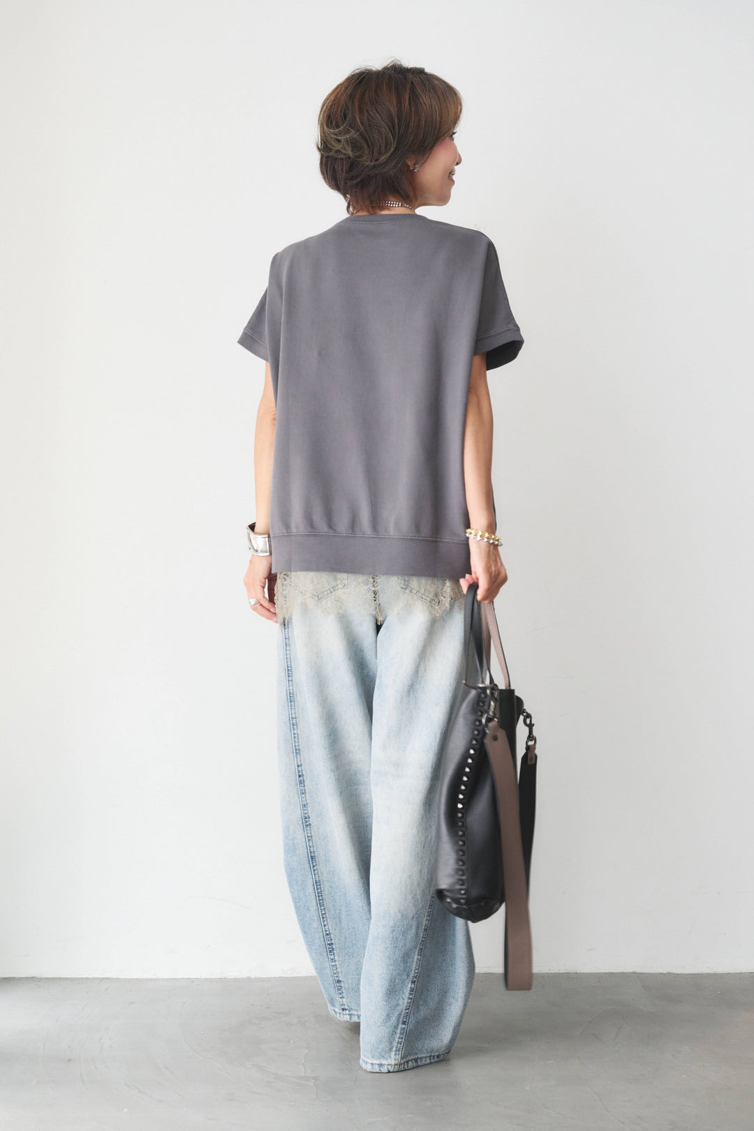 [SET]カレッジ刺繍ピグメントスウェットTシャツ+ダメージコクーンパンツ(2set)