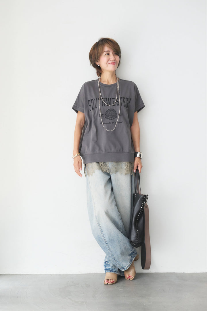[SET]カレッジ刺繍ピグメントスウェットTシャツ+ダメージコクーンパンツ(2set)