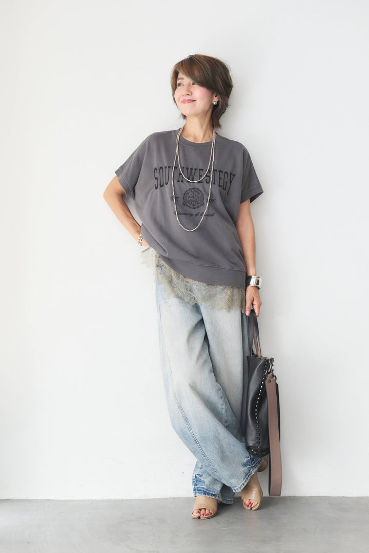 [SET]カレッジ刺繍ピグメントスウェットTシャツ+ダメージコクーンパンツ(2set)