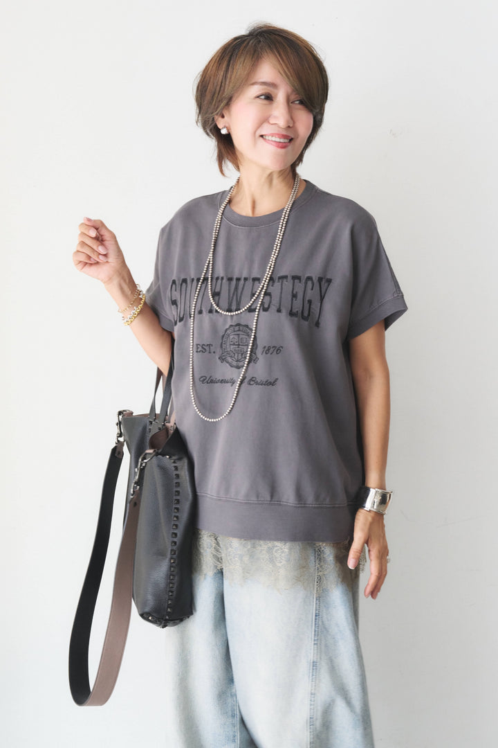 [SET]カレッジ刺繍ピグメントスウェットTシャツ+レーストリム サテンキャミソール(2set)