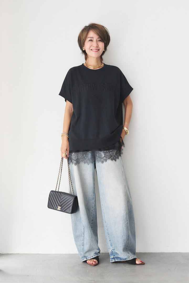 [SET]カレッジ刺繍ピグメントスウェットTシャツ+ダメージコクーンパンツ(2set)
