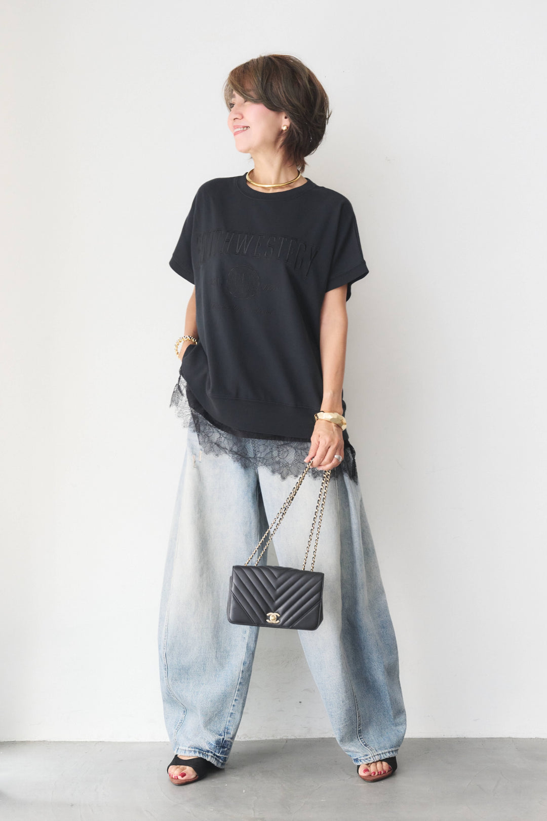 [SET]カレッジ刺繍ピグメントスウェットTシャツ+ダメージコクーンパンツ(2set)