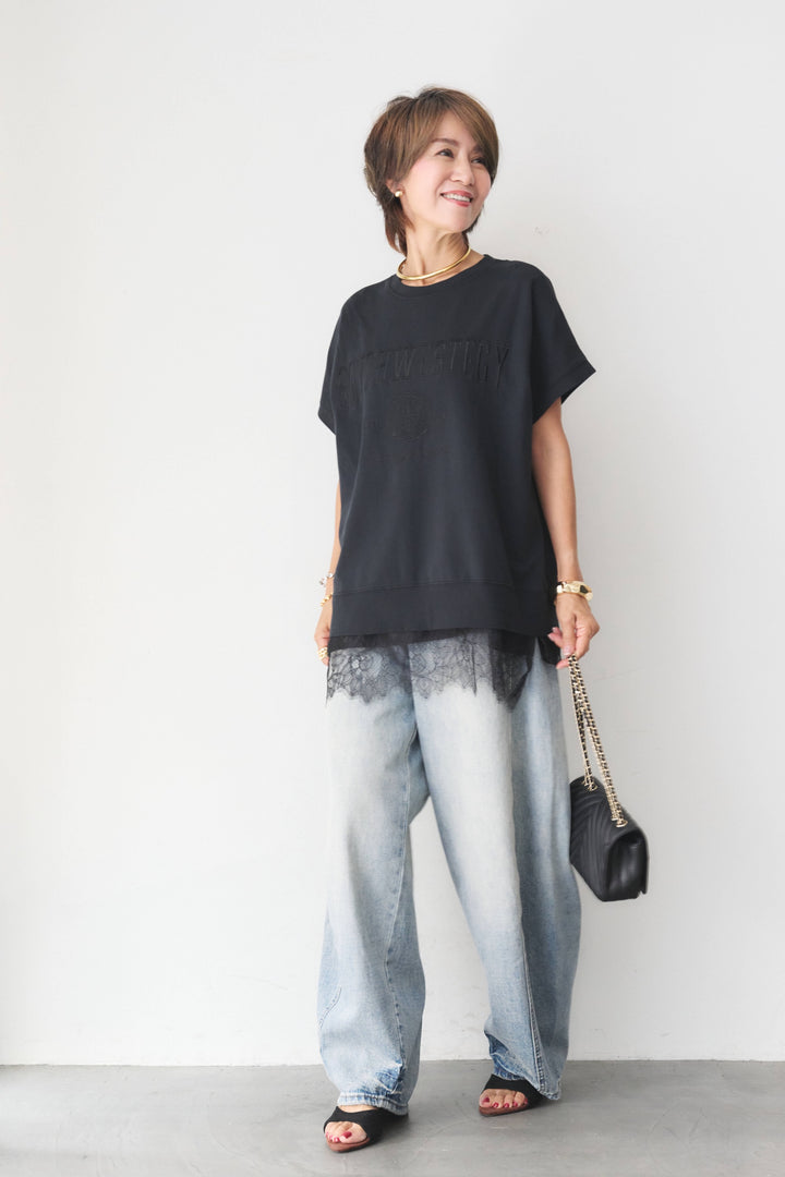 [SET]カレッジ刺繍ピグメントスウェットTシャツ+レーストリム サテンキャミソール(2set)