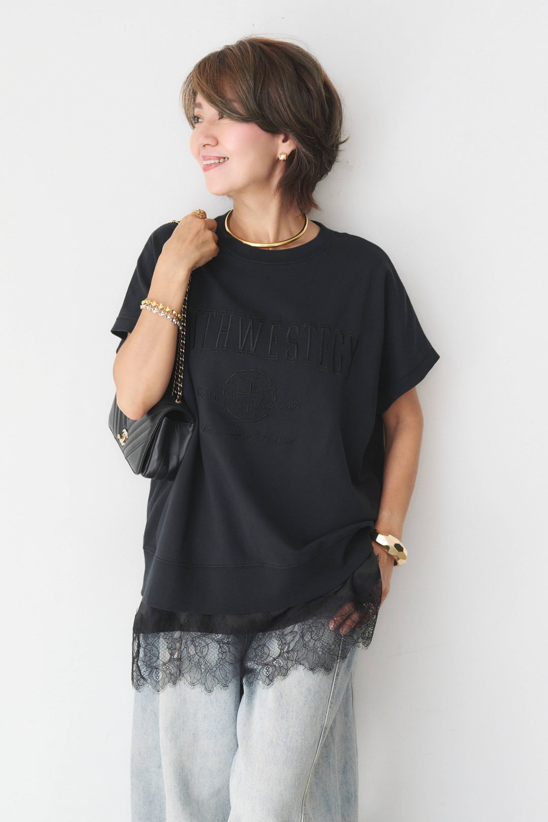 カレッジ刺繍ピグメントスウェットTシャツ