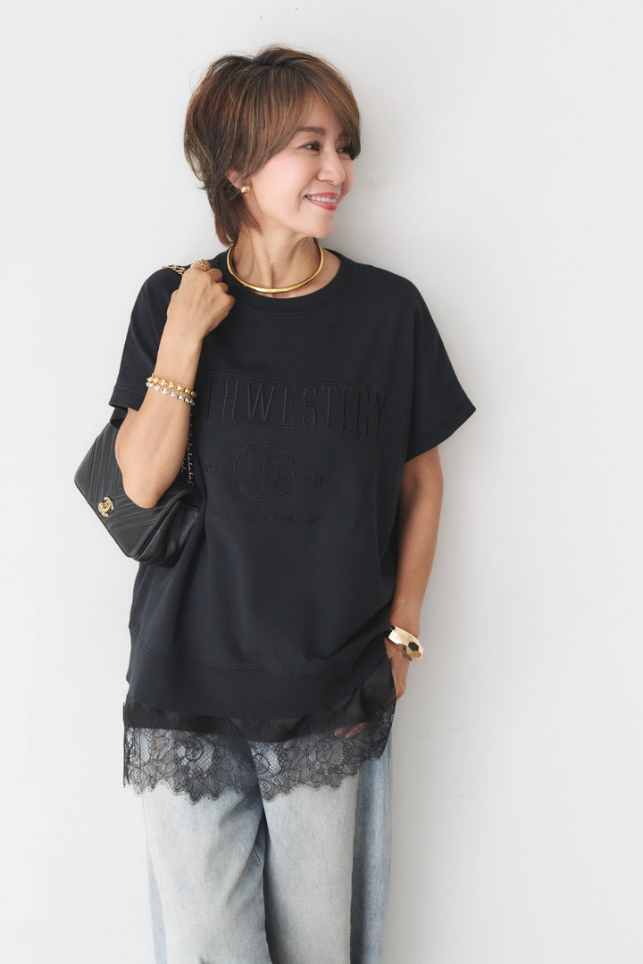 [SET]カレッジ刺繍ピグメントスウェットTシャツ+ダメージコクーンパンツ(2set)