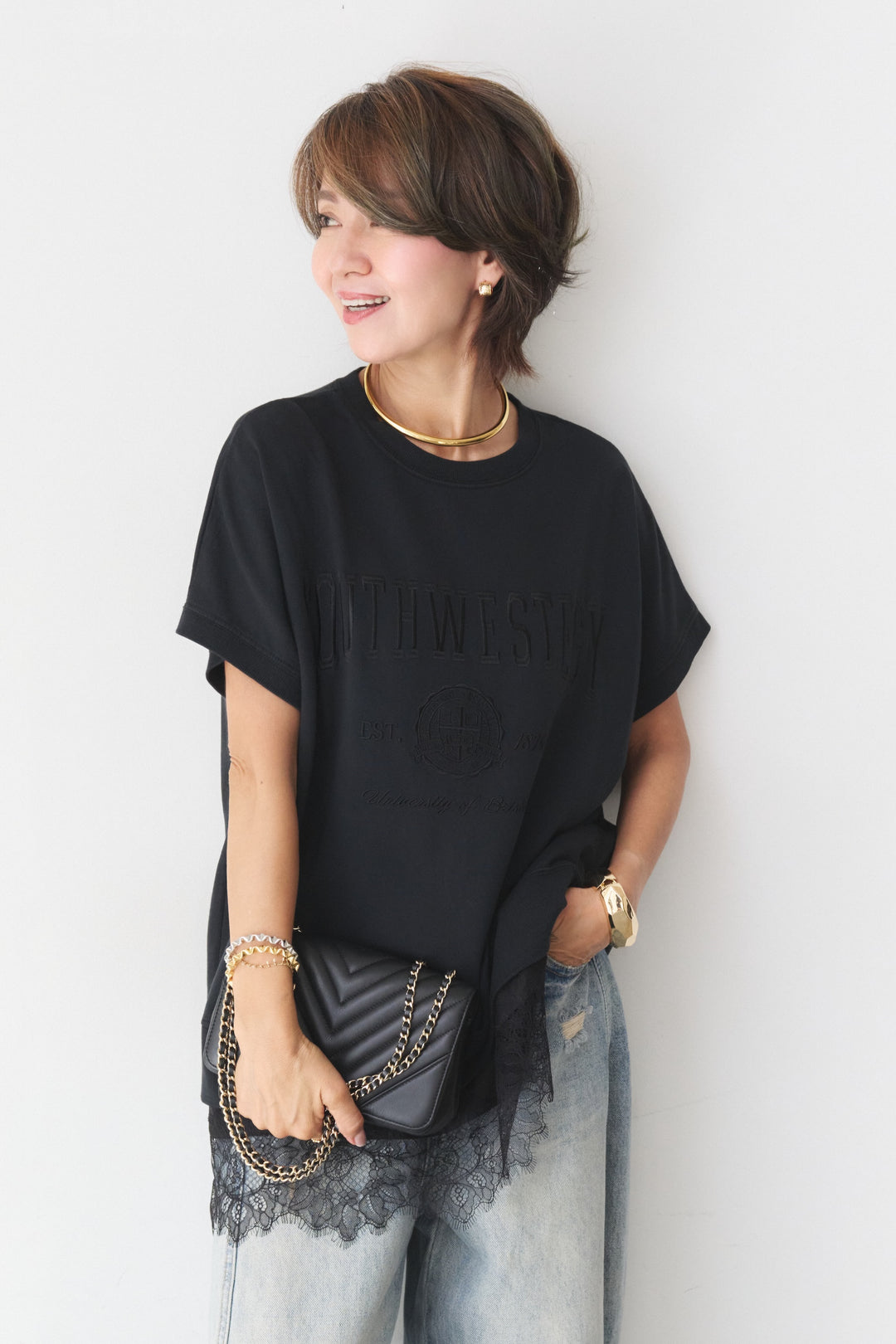 カレッジ刺繍ピグメントスウェットTシャツ
