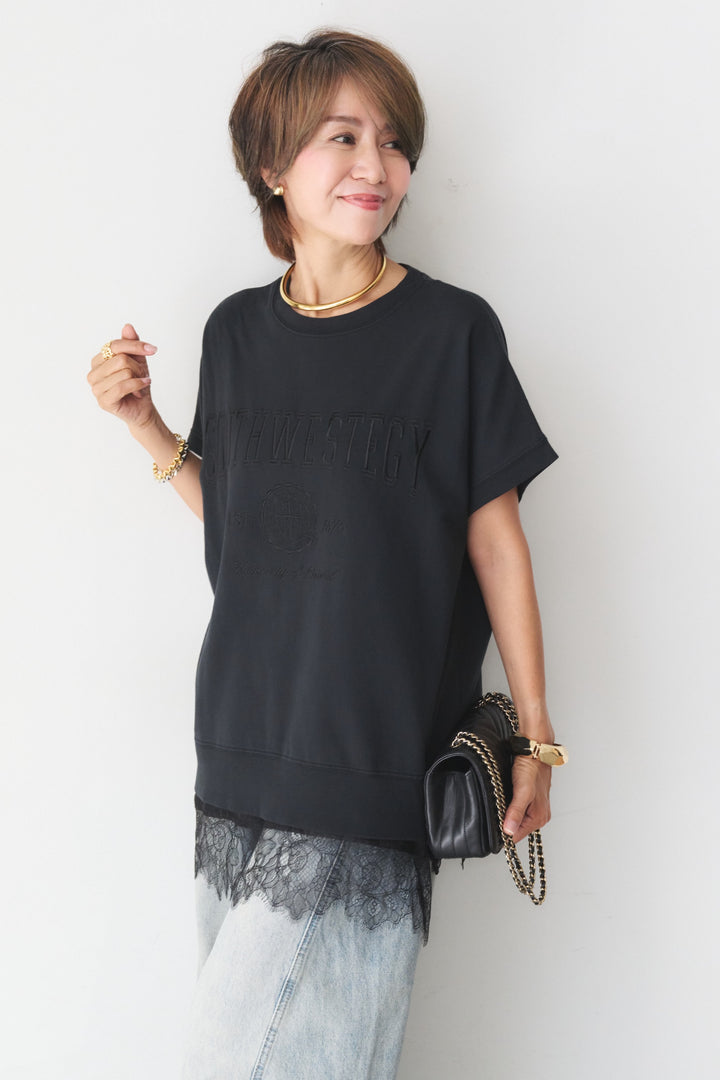 [SET]カレッジ刺繍ピグメントスウェットTシャツ+ダメージコクーンパンツ(2set)