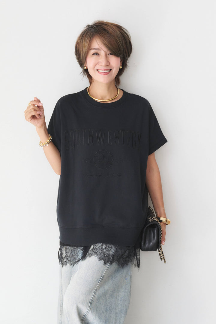 [SET]カレッジ刺繍ピグメントスウェットTシャツ+レーストリム サテンキャミソール(2set)