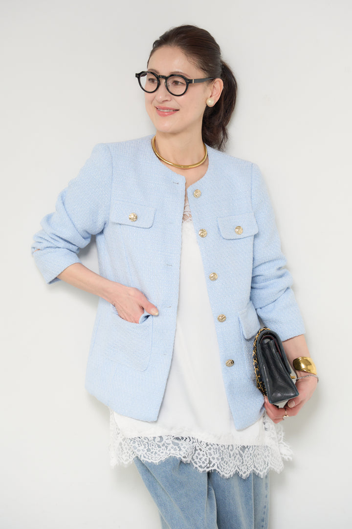 [SET]ミディ丈ツイードジャケット+サイドスリットレースキャミソール(2set)